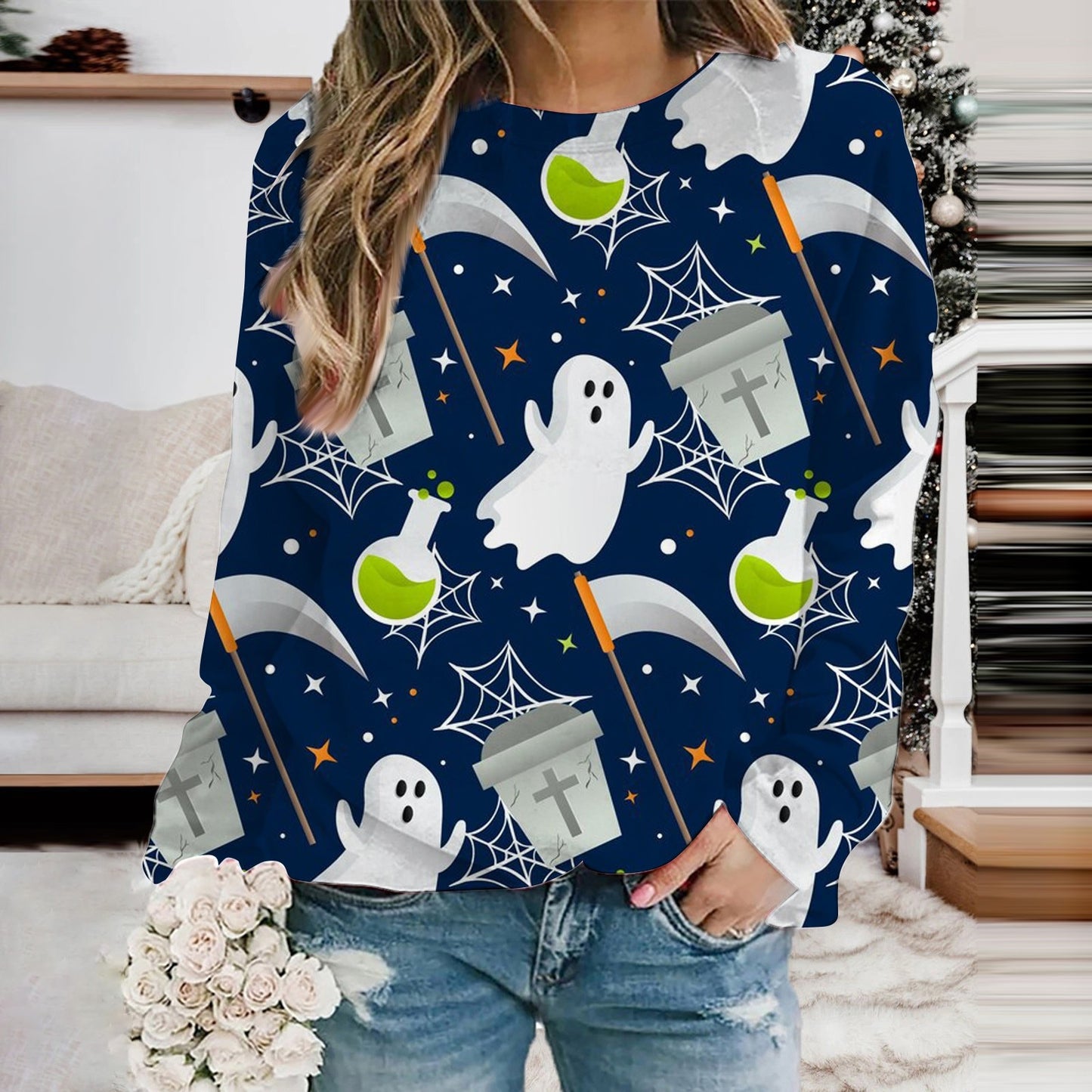Women's Autumn Halloween Long Sleeved Round Neck Printed Lightweight Pullover Hoodless Sweatshirt Crop Fleece Sweater Womens