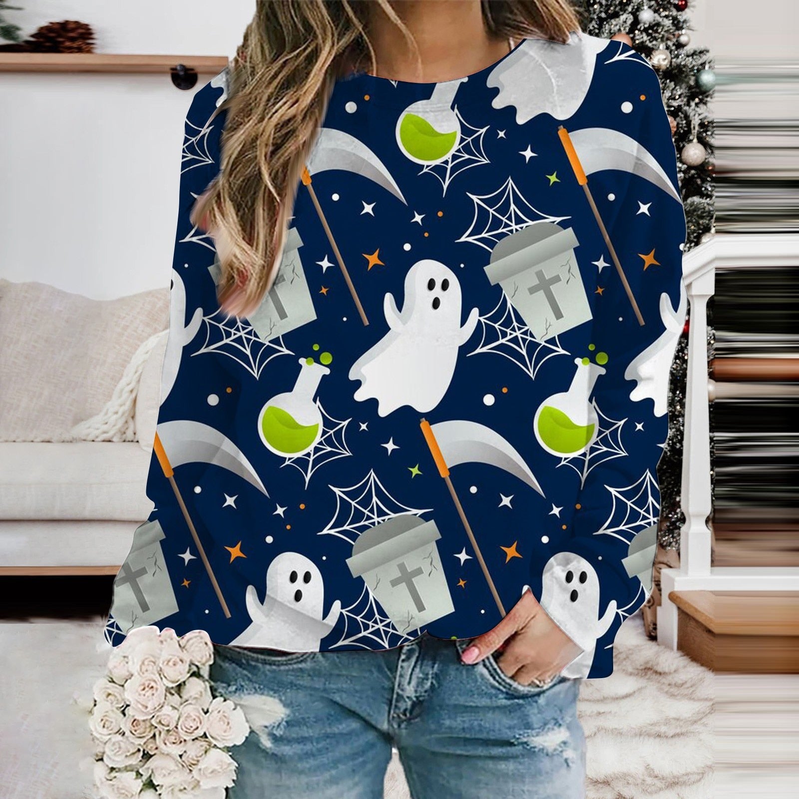 Women's Autumn Halloween Long Sleeved Round Neck Printed Lightweight Pullover Hoodless Sweatshirt Crop Fleece Sweater Womens Blue