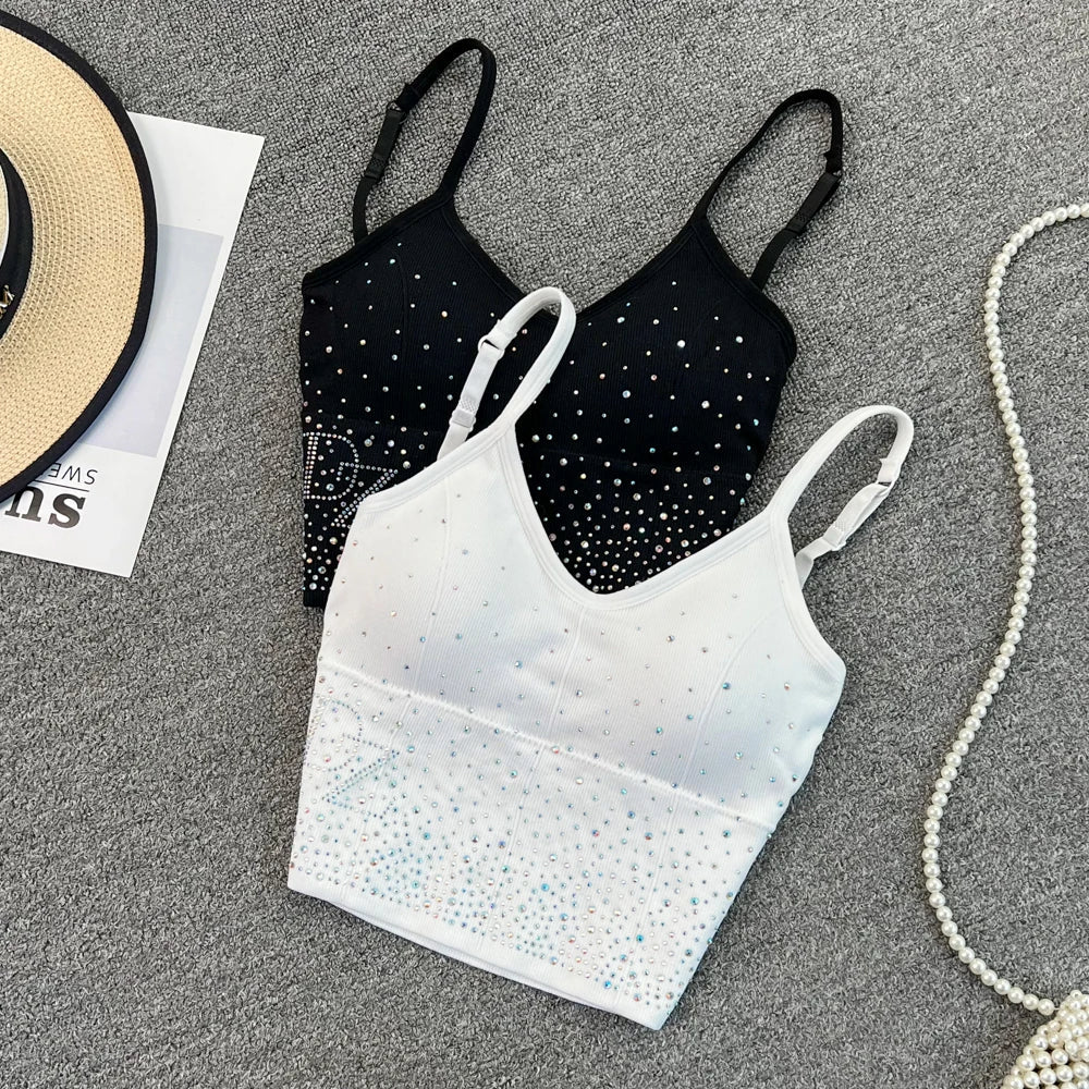 Women's Sexy Diamond Insert Camis Korean Fashion V Neck Letter Tank Tops Sleeveless Backless Off Shoulder With Chest Pad Corset