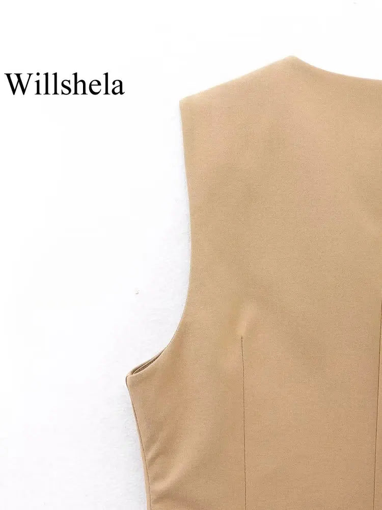 Willshela Women Fashion Khaki Cropped Vest V-Neck Single Breasted Sleeveless Female Chic Lady Outfit Short Top Tank