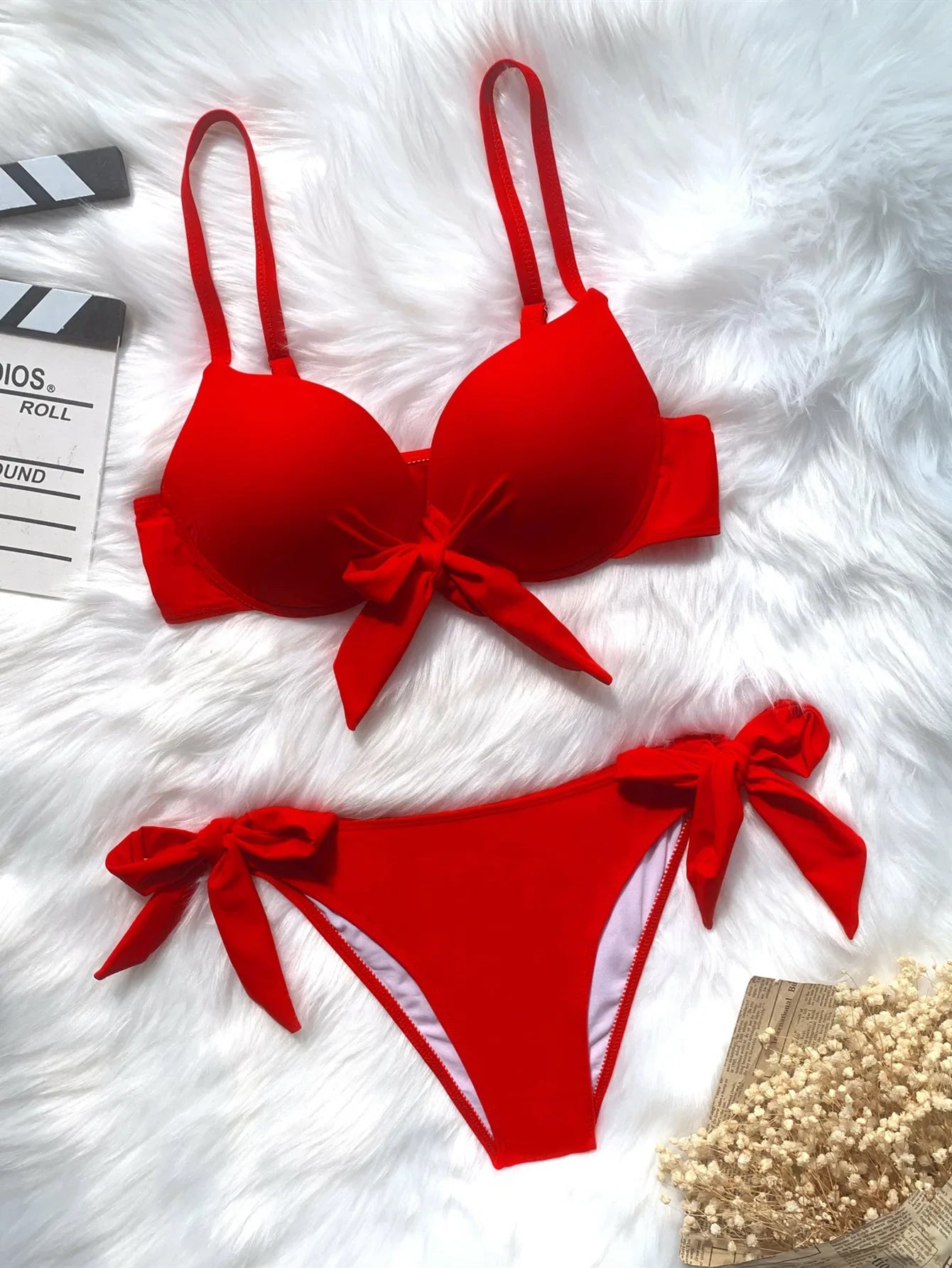 sexy front bow knot push up bikinis two pieces solid swimsuit tie bikini swimsuit Swimwear Biquini conjunto de bikini tankini Red