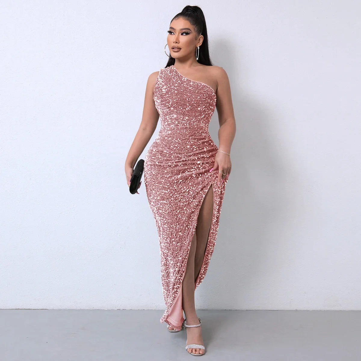 Party Dresses For Women Sexy Sequin Night Robe One Shoulder Sleeveless Bodycon Evening Maxi Dress Clothing Pink
