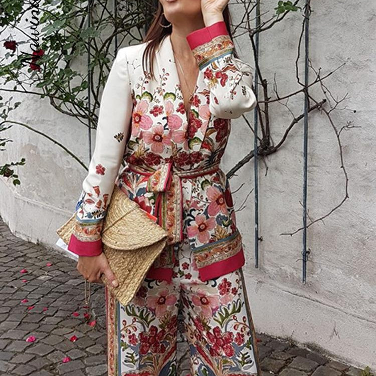 Retro Flower Printed Blazer Suits For Women Spring OL Casual Long Sleeve Jacket Wide-Leg Pants Female Trendy 2 Piece Sets Outfit