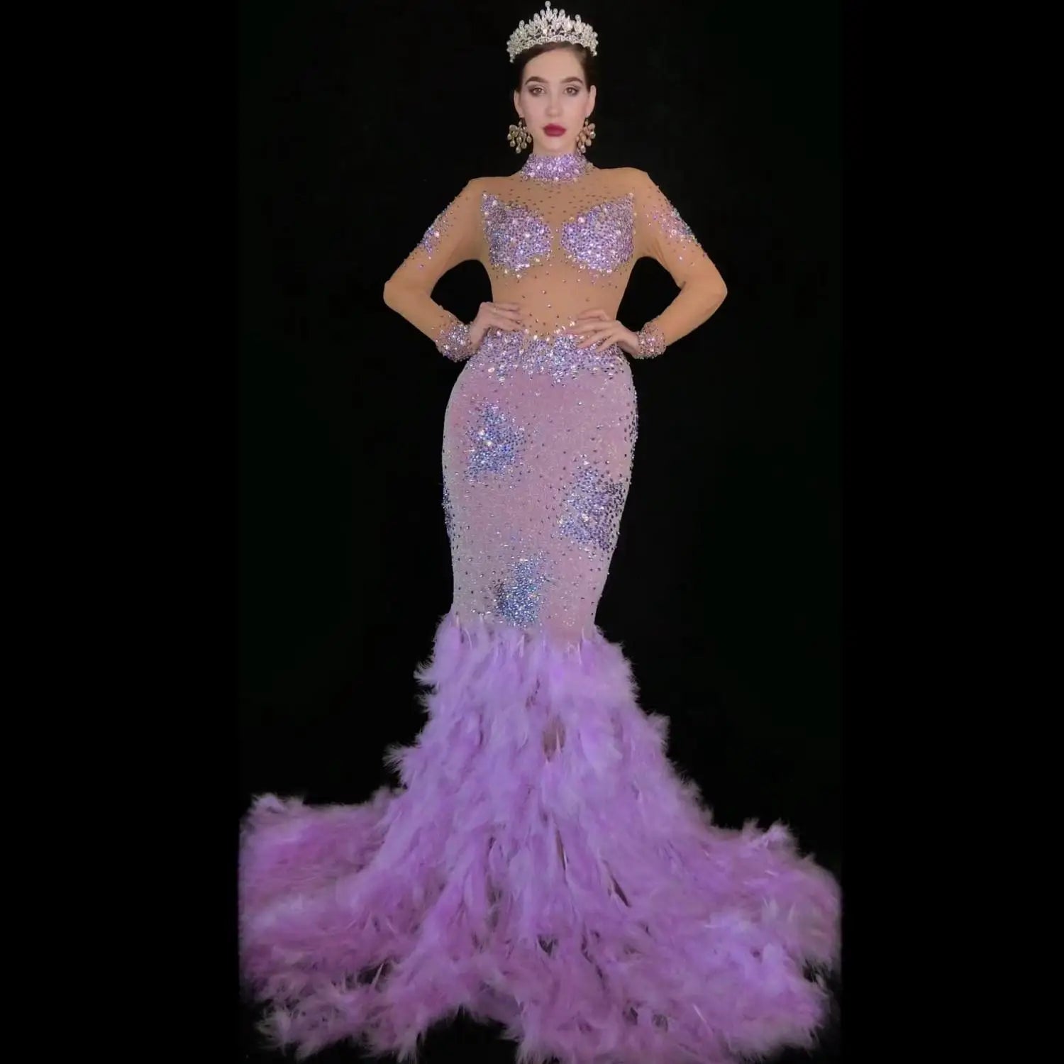 Luxury Rhinestone Long Feather Dresses for Women Birthday Celebrate Evening Prom Gown Singer Performance Stage Costume Shenniao PURPLE