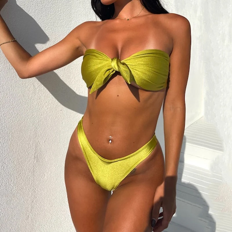 Sexy Bikini Two Piece Set Tube Top Lace Up Sleeveless Solid Color Triangle Bathing Suit Beachwear For Female