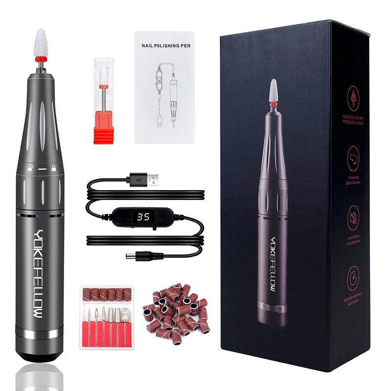 YOKEFELLOW Kit de perceuse à ongles professionnelle 35000 tr/min lime à ongles électrique Portable Rechargeable pour manucure ongles en Gel acrylique