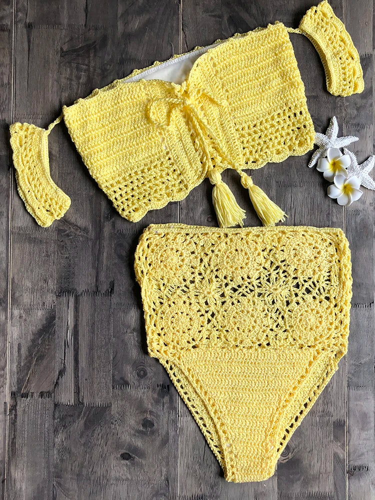Crochet High Leg Bandeau Bikini Set Swimwear Female Two Pieces Swimsuit High Waist Bikini Women Bathing Suit Biquini 2019 New Yellow