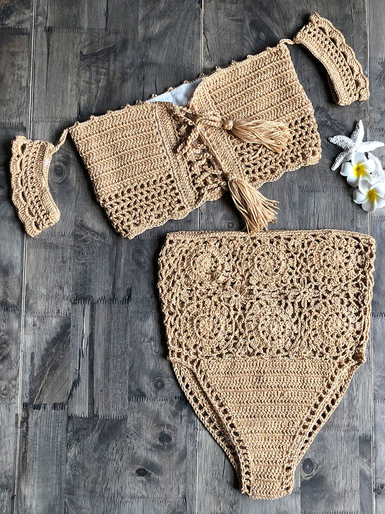 Crochet High Leg Bandeau Bikini Set Swimwear Female Two Pieces Swimsuit High Waist Bikini Women Bathing Suit Biquini 2019 New Khaki