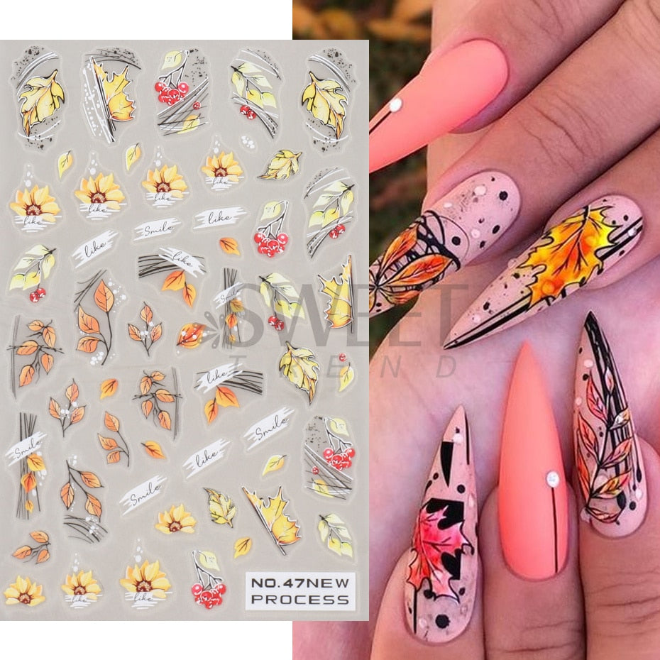 Autocollants pour Nail Art, oiseau de neige, hiver, automne, feuille d'érable, fleur de coton, ligne de conception d'automne, curseur adhésif, décoration de manucure, JINO-48