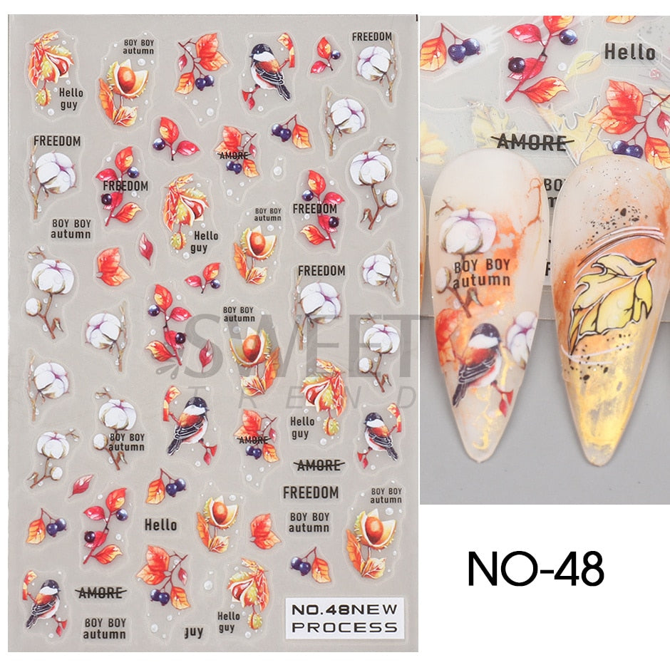 Snow Bird Winter Autumn Nail Art Stickers Maple Leaf Cotton Flower Fall Design Line Adhesive Sliders Manicure Decoration JINO-48 NO-48