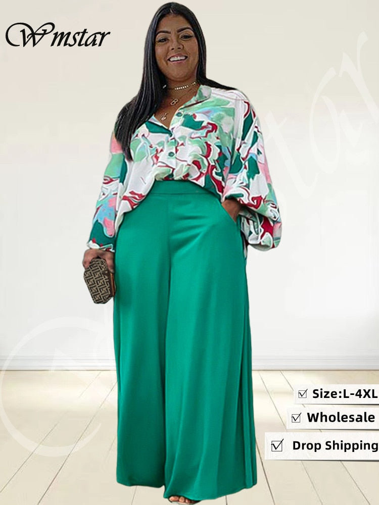 Ensemble deux pièces grande taille pour femmes, chemises imprimées, hauts et pantalons, poches, jambes larges, costume assorti à la mode d'automne