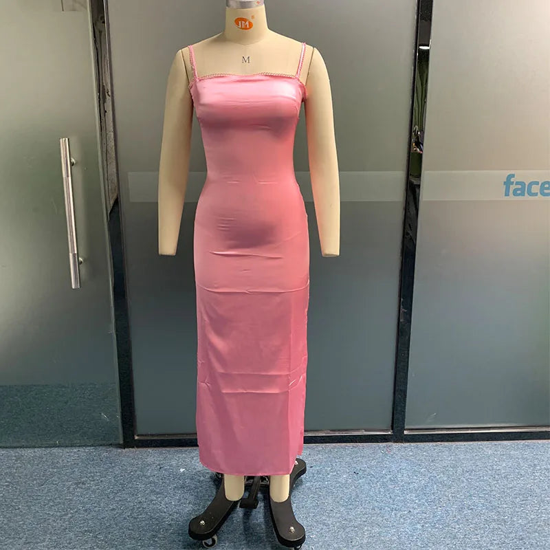 Women Maxi Dress Summer Satin Pink Solid Square Neck Suspender Slim Formal Occasion Evening Party Dresses Free Shipping