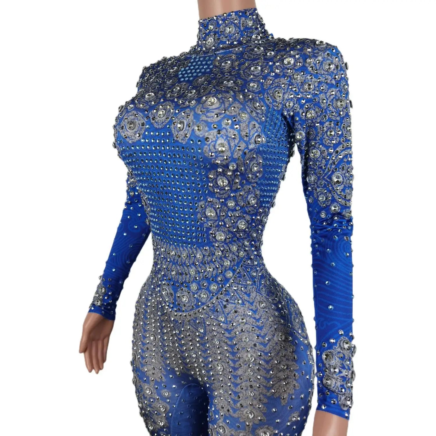 Sparkle Blue Rhinestones Jumpsuit Woman Stretch Leggings Singer Costume Birthday Party Club Stage Outfit Spandex Yatelandisi