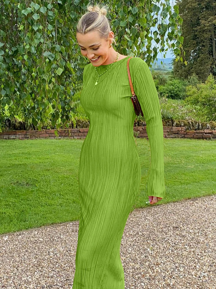 Autumn Striped Ruched Ruffle Sexy Y2K Clothes Long Sleeve Bodycon Midi Dresses For Women Club Party Elegant Outfit green