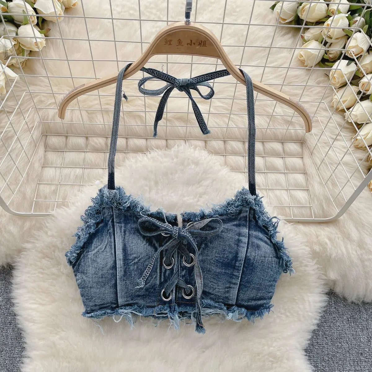 Women's Bikinis Set Summer Sexy Denim Strap Bra Vest and Low Waist Shorts Bathing Suit Swimsuit Swimwear