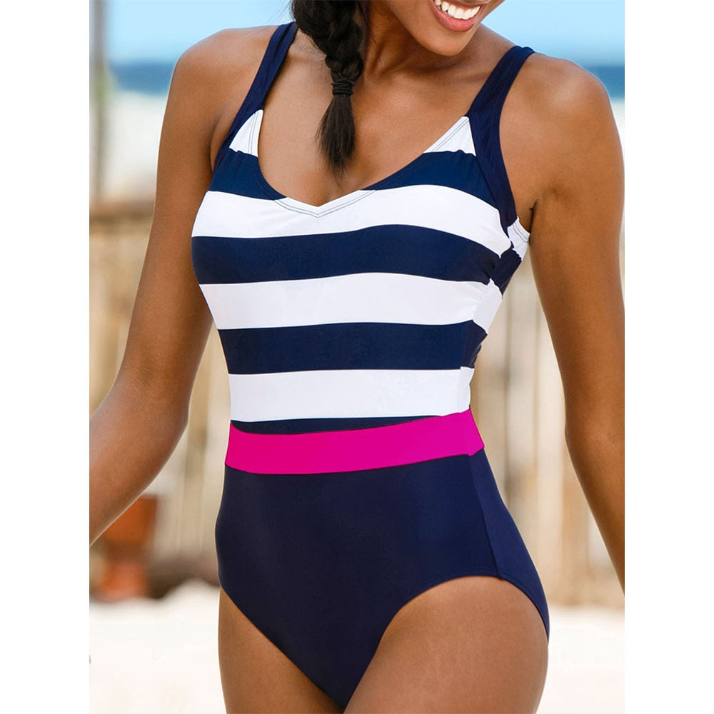 Striped Swimsuit One Piece Sexy Backless Swimwear Swimming Monokini Sliming Bathing Suit Summer Beachwear Bodysuit 2022