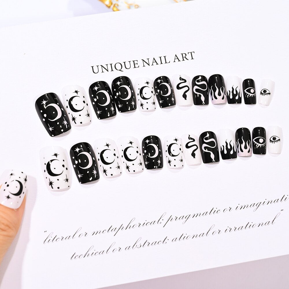 Press on Nails Halloween Medium Length Coffin Black Fake Nails Scary Mask Face Nail Tips Halloween Design 3D Glossy Acylic Nails