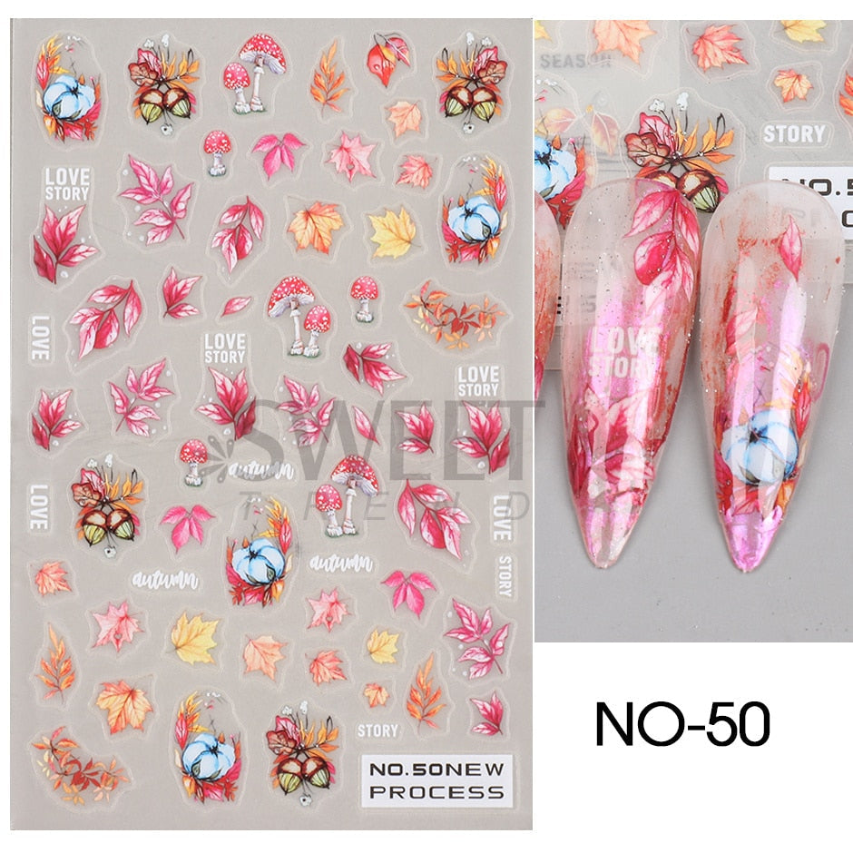 Snow Bird Winter Autumn Nail Art Stickers Maple Leaf Cotton Flower Fall Design Line Adhesive Sliders Manicure Decoration JINO-48 NO-50