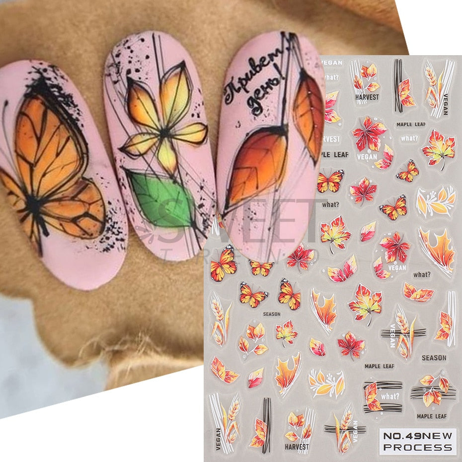 Autocollants pour Nail Art, oiseau de neige, hiver, automne, feuille d'érable, fleur de coton, ligne de conception d'automne, curseur adhésif, décoration de manucure, JINO-48