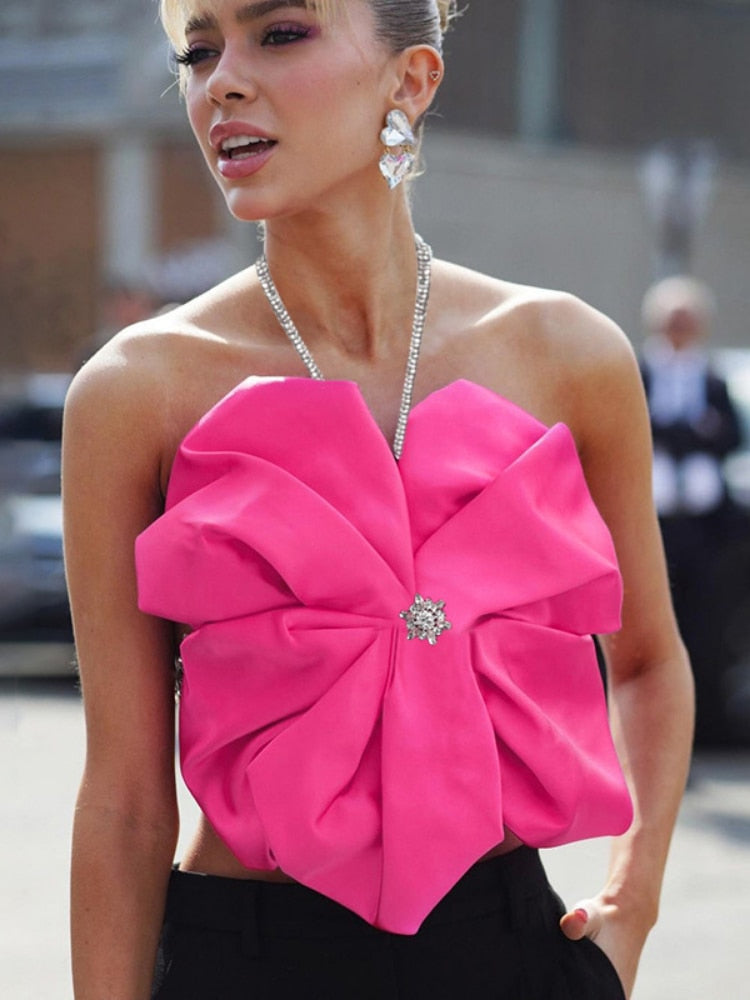 Women High Street Big Floral Design Halter Crop Tops 2024 Summer Chic Sleeveless Backless Tie Up Mini Vest Pink Flower