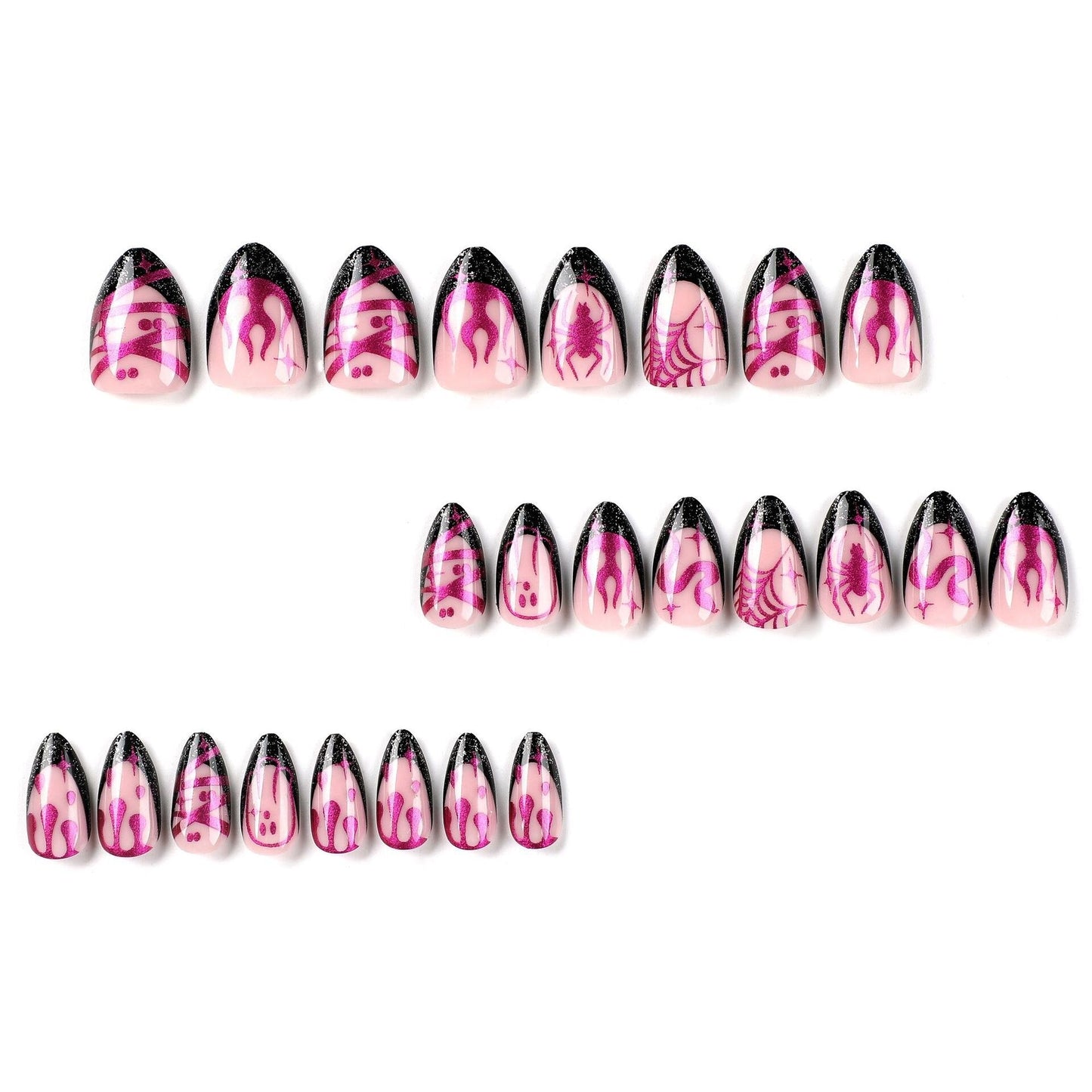 Presse sur les ongles Halloween noir Style français patchs pour ongles rose scintillant violet flamme toile d'araignée faux ongles conseils étoile serpent auvent