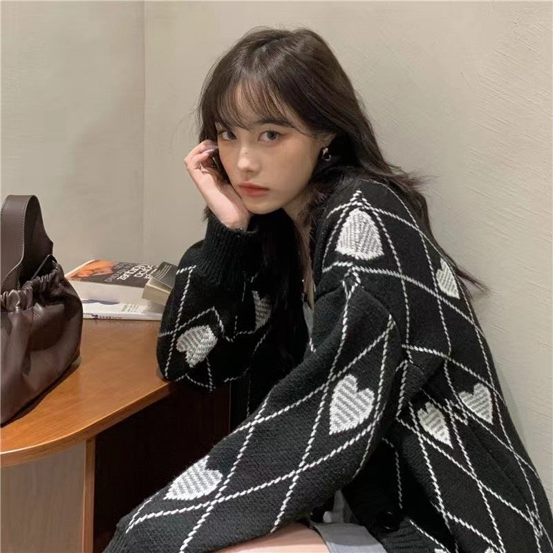 Women Knitted Cardigan Argyle Heart Pattern Jacquard Sweater Long Sleeve Love Style Coat Fall Winter Vintage Korean Tops
