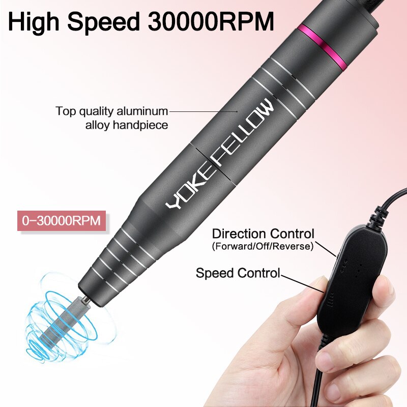 YOKEFELLOW Electric Nail Drill 30000RPM Professional Electric Nail File Kit for Acrylic Gel Nails Manicure Pedicure Home Use