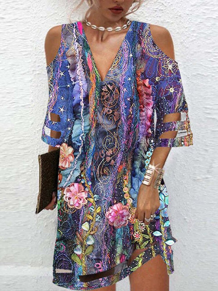 Sundress Bell Sleeve Casual Dress Paisley Print Vintage Floral Summer Loose Short Dress