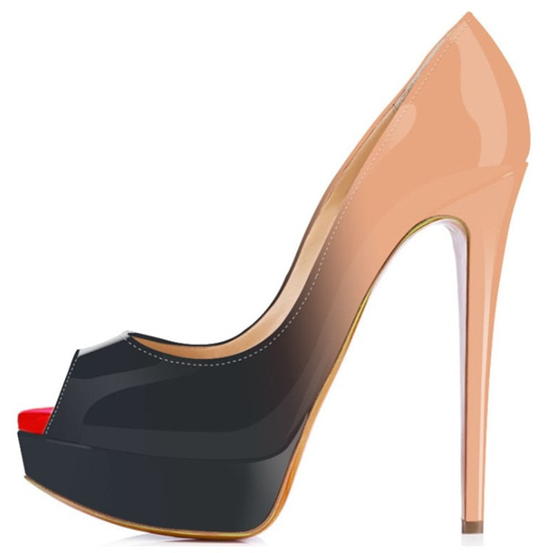Women Pumps Sexy Platform Peep Toe 14cm Extremely High Heels Woman Patent Leather Nighclub Red Wedding Shoes Gradient Stiletto