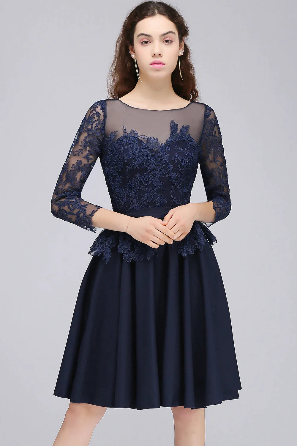 A-line Scoop Long Sleeves Lace Homecoming Dress Chiffon A Line Skirt Short Knee-Length Formal Party Gown Prom