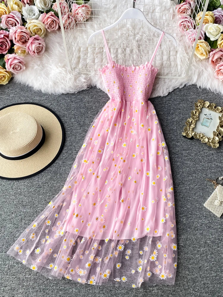 Summer Beach Mesh Floral Dress Women Vintage Elegant Sexy Beach Sundress Woman Party Night Korean Kawaii Vestidos SKY BLUE One Size