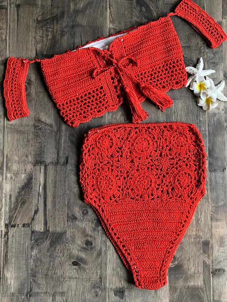 Crochet High Leg Bandeau Bikini Set Swimwear Female Two Pieces Swimsuit High Waist Bikini Women Bathing Suit Biquini 2019 New Rusty red