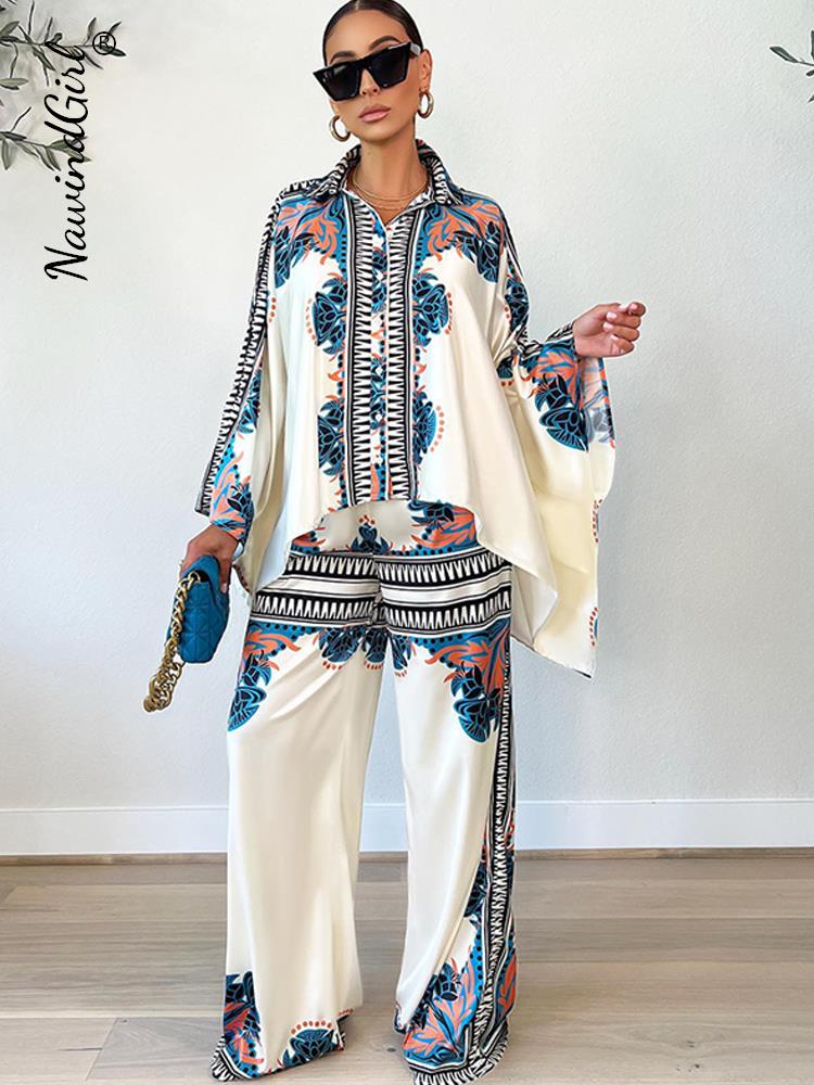 Printed Lapel Blouse Pants Sets Women 2024 Autumn Long Bat Sleeve Shirt Tops Loose Wide Leg Pant 2 Piece Set Female Casual Suit