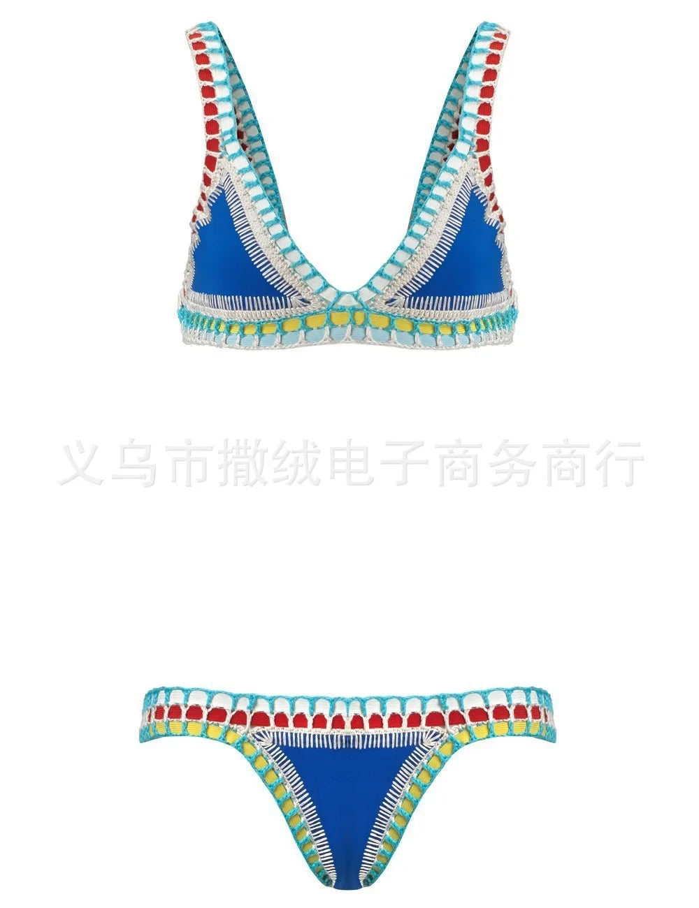 Hand Crocheted Bikini Knitted Splicing SWIMSUIT SET Plus Size Swimwear Women Sapphire Blue