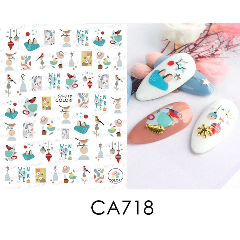Autocollants pour Nail Art, oiseau de neige, hiver, automne, feuille d'érable, fleur de coton, ligne de conception d'automne, curseur adhésif, décoration de manucure, JINO-48