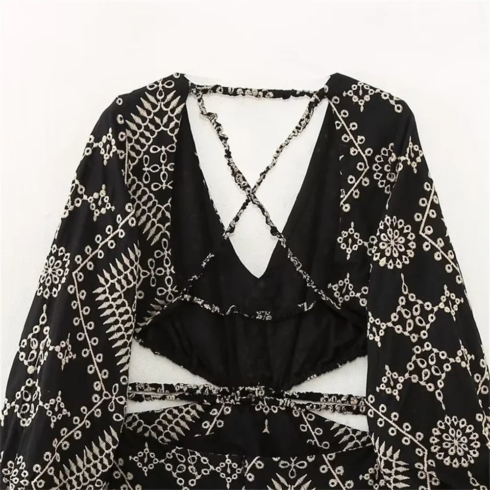 UNIZERA 2023 Summer New Women's V-neck Fluffy Sleeve Open Design Sexy Backless Long Dress Embroidered Midi Dress