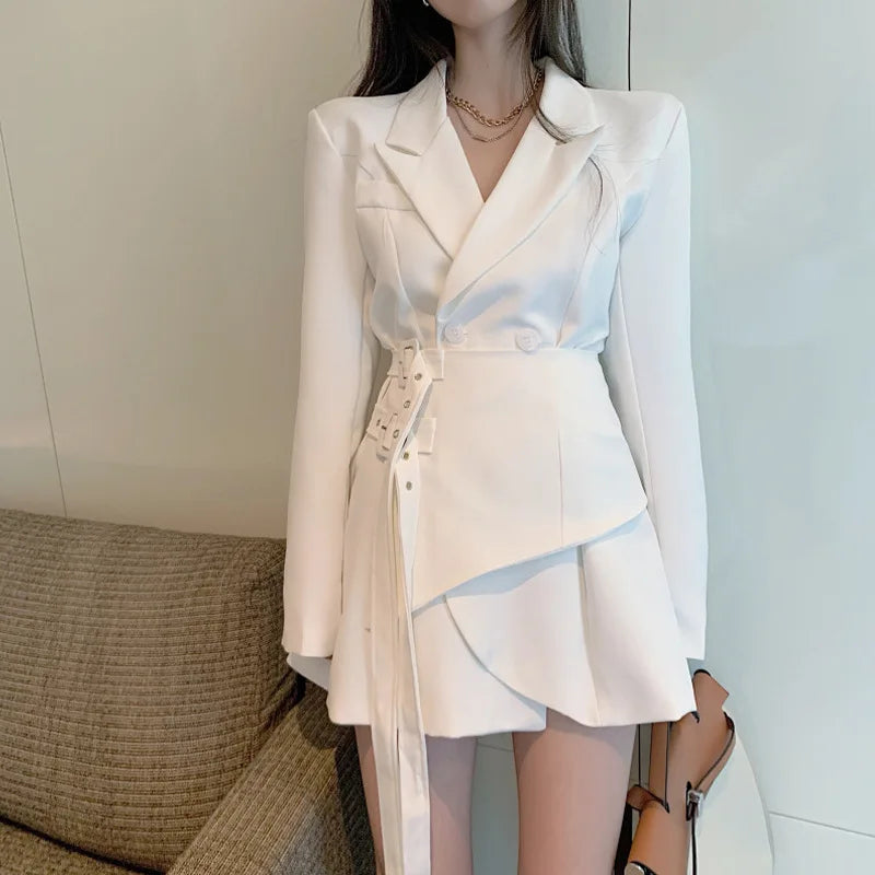 Spring Luxury diamond Suit Blazers Women medium long fashion suit skirt bow long sleeve suit Blazers Cool silver suit 20 colors 9891 White