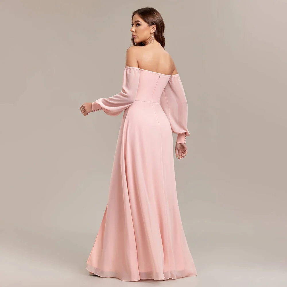 Women Strapless Pink Long Sleeved Bridesmaid Dresses Chiffon Free Wear Square Neck Party Gown Elegant Party Dress For Wedding