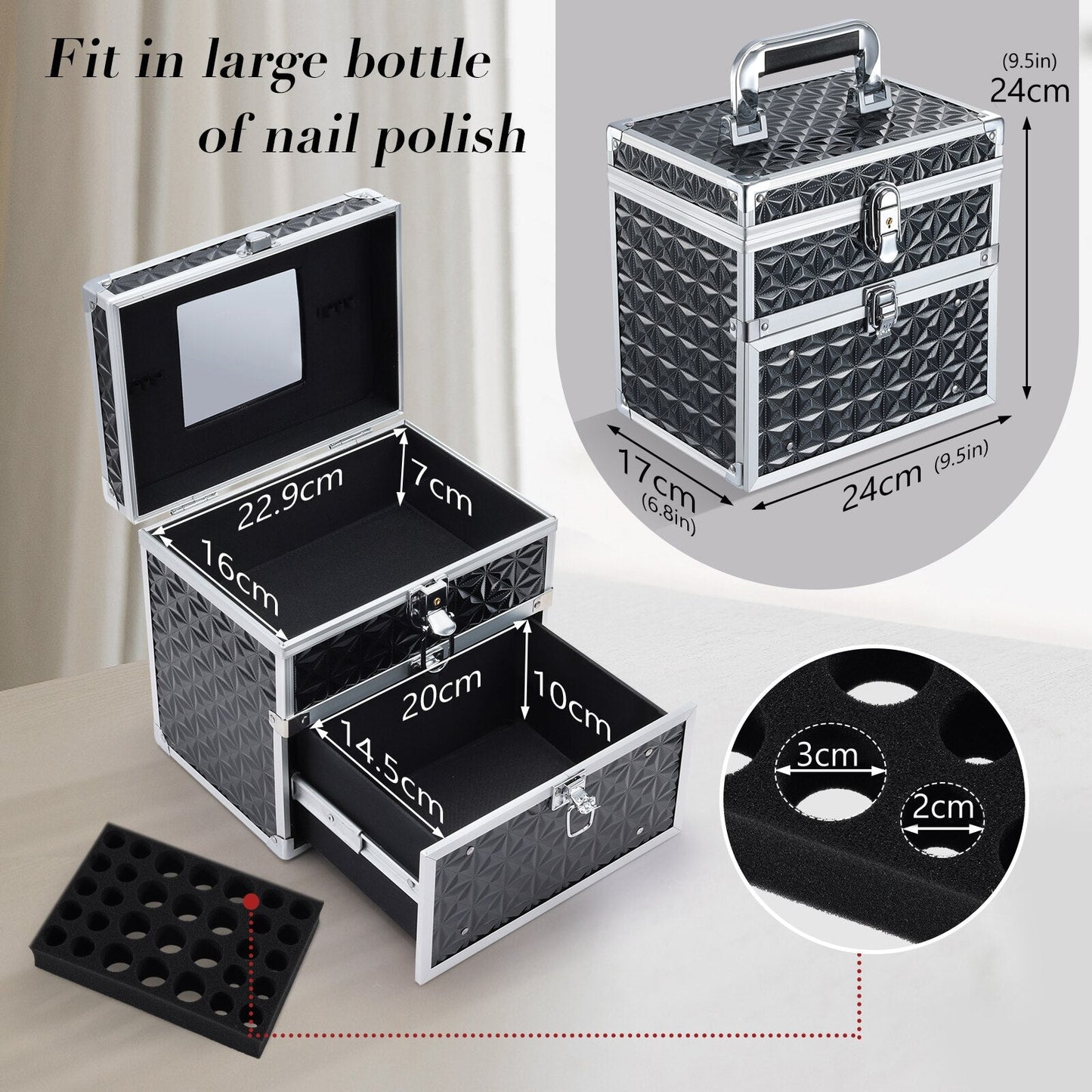 Boîte de maquillage Portable en alliage, mallette de maquillage pour vernis à manucure, organisateur de rangement, valise de beauté avec tiroir miroir pour technologie des ongles