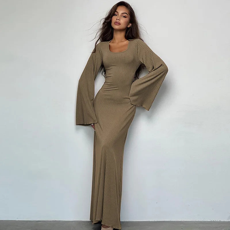 Solid Ribbed Trumpet Sleeves Maxi Dress Back Lace-Up Straps Elegant Casual 2023 Autumn Winter For Women Birthday Khaki