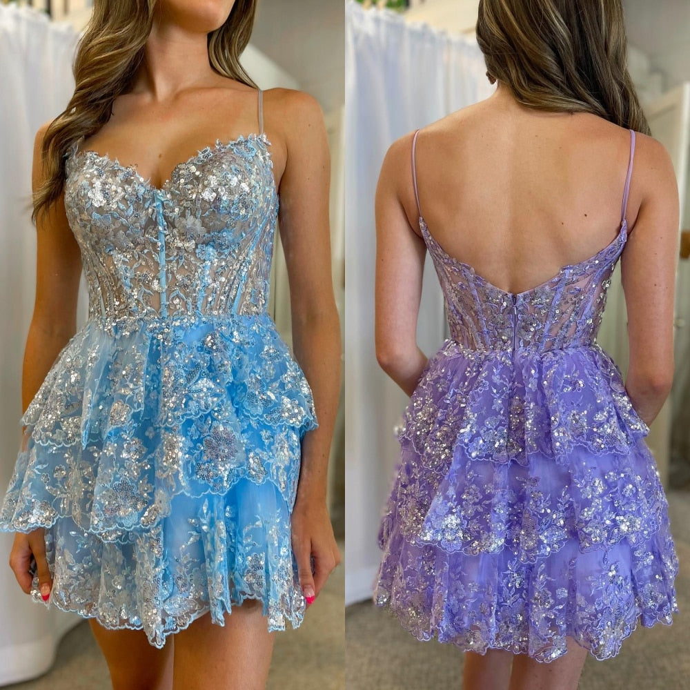 Sparkling Homecoming Dress 2k24 Short Ruffle Corset Spaghetti Pageant Formal Evening Cocktail Event Party Runway Black-Tie Gown