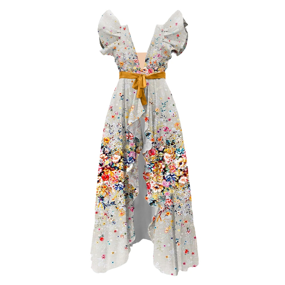 Ruffled Floral Print Colorblock Bikinis - New One-piece Swimsuits V -neck Vintage Bathing Suit Beach Wear Slim Luxury Biquini