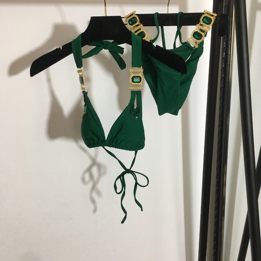 Rhinestone Bikini Swimwear - Swimsuits Crystal Sequined Sexy Low Waist Bikinis Sets Female Beach Bathing Suit Bather