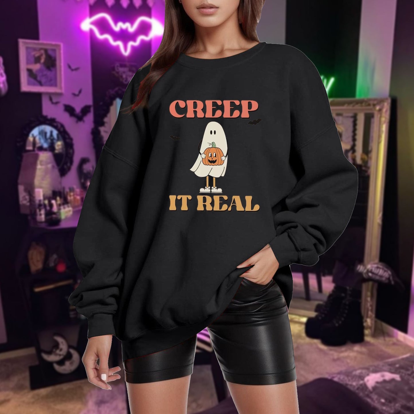 Pull sans chapeau pour femmes, décontracté, ample, couleur unie, imprimé citrouille d'halloween, épaules dénudées, tenue d'automne