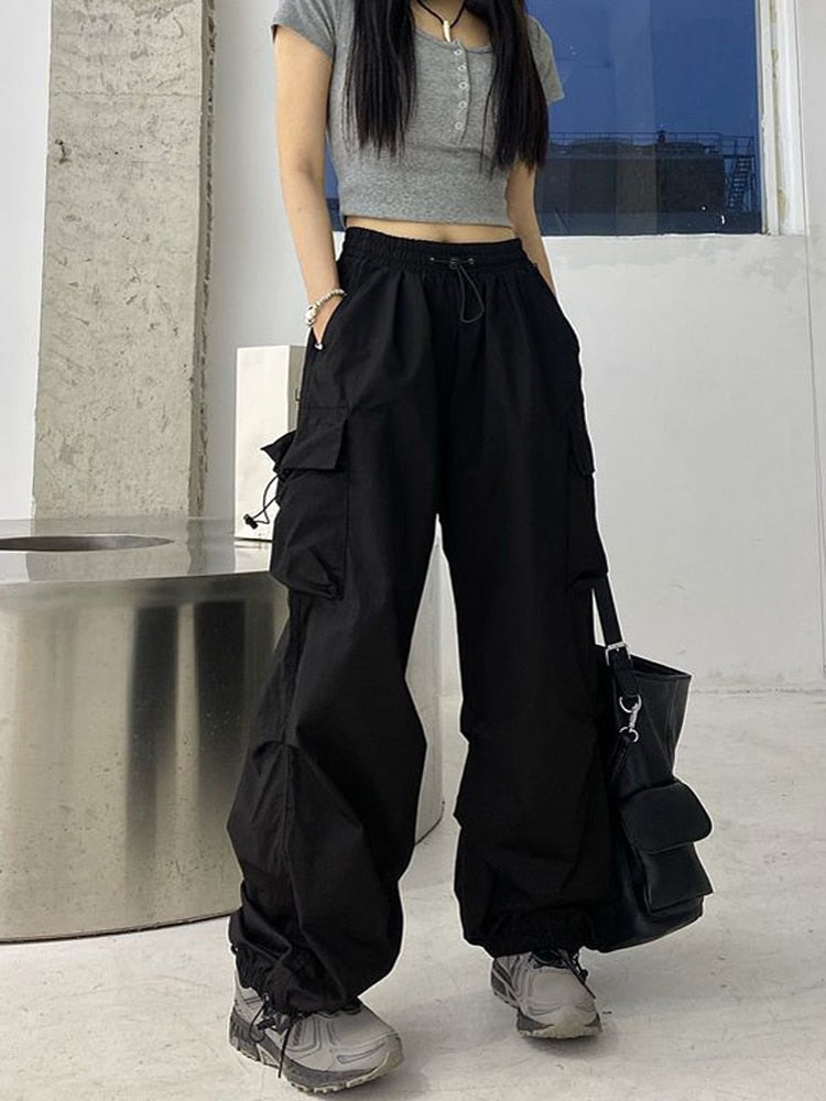 Zoki Streetwear Hip Hop Cargo Pants Women Fashion Pockets Oversize Loose Trousers Summer Bf Korean High Waist Wide Leg Pants New Black