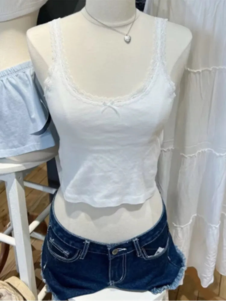 Casual Women Fashion Soft Cotton White Bow Ornament Tanks Summer Vintage O Neck Lace Edge Sleeveless Female Chic Tops