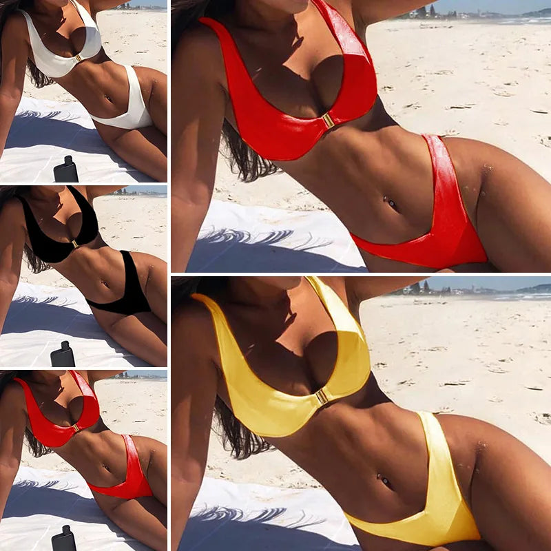 Sexy Solid Gold Lock Buckle Design Bra High Waisted Bikini Set Women'S Split Beach Swimsuit Set