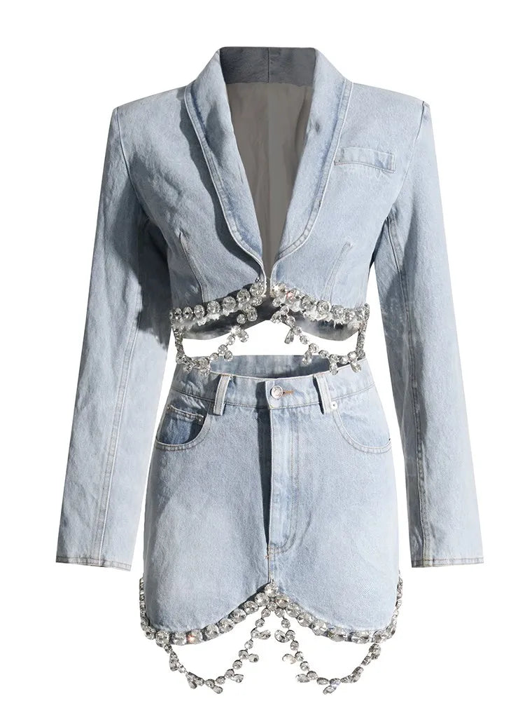 Spliced Diamonds Tassel Denim Two Piece Set For Women Lapel Long Sleeve Coat High Waist Mini Skirt Fashion Set 2023 LIGHTBLUE SET