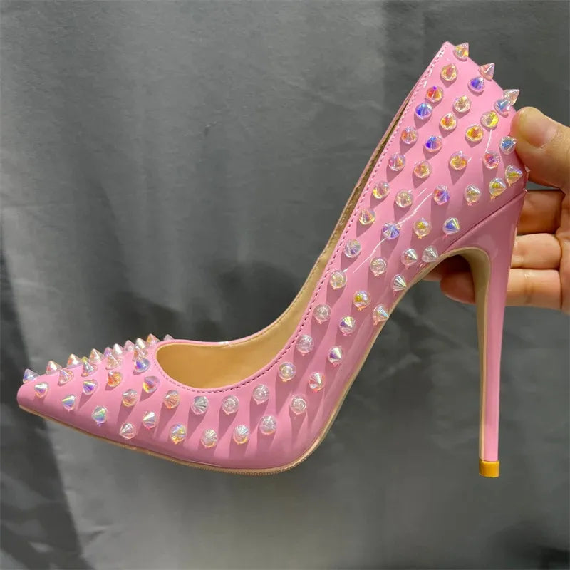 Shiny Spikes Women Patent Pink Pointy Toe Sexy High Heel Party Shoes Rivets Studs Ladies Slip On Stiletto Pumps 8-12cm Pink 12cm Heel