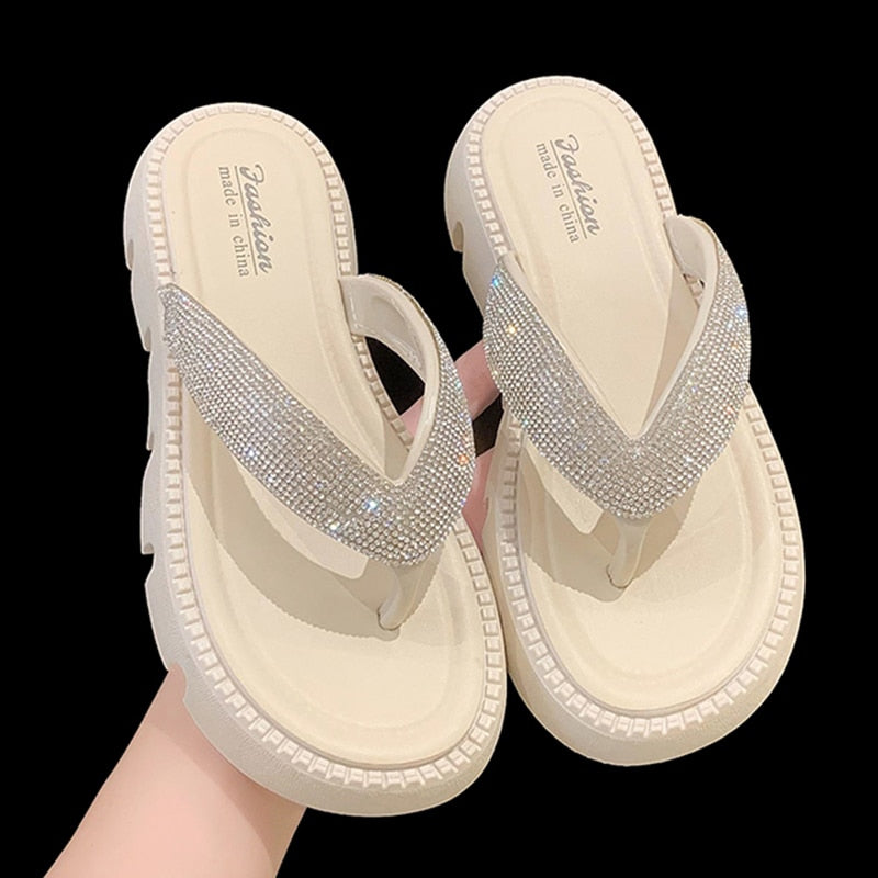 Thick Platform Shiny Crystal Flip Flops Women Summer 2024 Soft Bottom Beach Sandals Shoes Woman Fashion Clip Toe Clogs Slippers